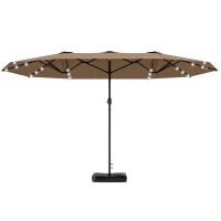 Outsunny Garden Parasol 14.4 ft. Double-Sided Sun Umbrella with Base, Patio Parasol with LED Solar Lights, Khaki(m-1)