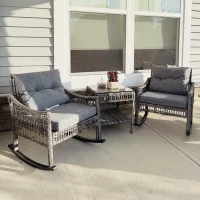 Outsunny 3 Piece Outdoor PE Rattan Rocker Chair Set, Rocking Chair with Tempered Glass Table Top, Gray(m-8)