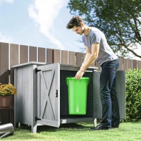 Outsunny Wooden Outdoor Storage Cabinet, Garden Shed Potting Shed with Shelf and Double Doors, Light Gray(m-9)