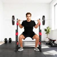 Soozier Adjustable Squat Rack, 660lbs Multi-Functional Bench Press Rack for Weight Lifting Home Gym Strength Training, Red(m-9)