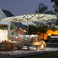 Outsunny 15ft Double-Sided Outdoor Umbrella with Solar Lights, UPF50+ Extra Large Aluminum Patio Umbrella with Crank, Cream White(m-10)