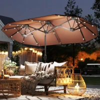 Outsunny Double-sided Outdoor Patio Umbrella with Solar Lights and Base, Dining Table Umbrella Push Button Tilt, Coffee(m-10)