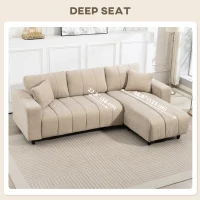 HOMCOM Sectional Couch with Integrated Seat, 3 Seater L-Shaped Sofa with Changeable Chaise, Spring Cushion, 2 Pillows, Beige(m-9)