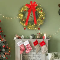HOMCOM 36 Inch Christmas Wreath for Front Door with LED Lights, Prelit Christmas Wreath with 8 Modes and Ornaments, Green(m-8)