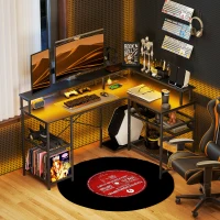 HOMCOM 59" L Shaped Desk with Storage, Corner Desk with LED Lights and Power Outlets for Home Office, Small Space, Black(m-2)