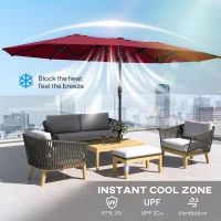 Outsunny Garden Parasol, Double-Sided Sun Umbrella with LED Solar Lights, Patio Parasol for Outdoor, Wine Red(m-6)