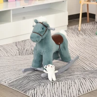Qaba Kids Rocking Horse Plush Animal on Wooden Rockers with Sounds, Wooden Base and Bear Toy Baby Rocking Chair Blue(m-8)