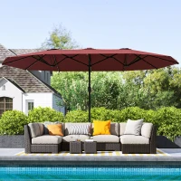 Outsunny Garden Parasol 14.4ft Double-Sided Sun Umbrella with Base, Patio Parasol with LED Solar Lights, Wine Red(m-9)