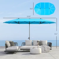 Outsunny 15ft Double-Sided Outdoor Umbrella with Solar Lights, UPF50+ Extra Large Aluminum Patio Umbrella with Crank, Blue(m-3)