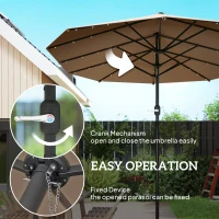 Outsunny Garden Parasol 14.4 ft. Double-Sided Sun Umbrella with Base, Patio Parasol with LED Solar Lights, Khaki(m-6)