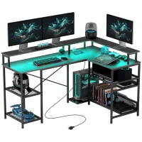 HOMCOM 59" L Shaped Desk with Storage, Corner Desk with LED Lights and Power Outlets for Home Office, Small Space, Black(m-1)