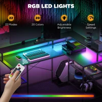 HOMCOM 59" L Shaped Desk with Storage, Corner Desk with LED Lights and Power Outlets for Home Office, Small Space, Black(m-4)