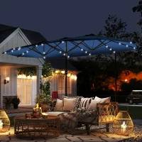 Outsunny Garden Parasol 14.4ft Double-Sided Sun Umbrella with Base, Patio Parasol with LED Solar Lights, Navy Blue(m-10)