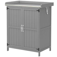 Outsunny Outdoor Storage Cabinet, Garden Tool Shed with Metal Tabletop and Shelf, Wooden Potting Bench with 2 Doors, Gray(m-1)