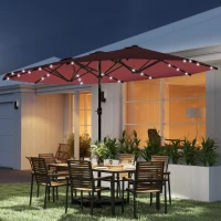 Outsunny Garden Parasol 14.4ft Double-Sided Sun Umbrella with Base, Patio Parasol with LED Solar Lights, Wine Red(m-2)