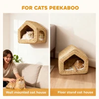 PawHut Wall Mounted Cat House, Cat Wall Furniture, Cat Wall Shelf with Washable Cushion, Natural(m-6)