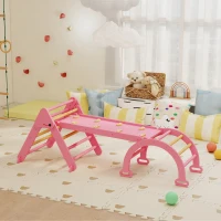 Qaba 7-in-1 Pikler Triangle Set, Foldable Wooden Climbing Toys with Arch, Ramp and Ladder for Toddlers 1-4 Years, Pink(m-8)