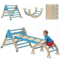 Qaba 8-in-1 Pikler Triangle Set, Foldable Wooden Climbing Toys with Arch, Ramp and Ladder for Ages 18-48 Mouths, Blue(m-11)