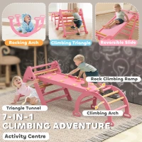 Qaba 7-in-1 Pikler Triangle Set, Foldable Wooden Climbing Toys with Arch, Ramp and Ladder for Toddlers 1-4 Years, Pink(m-4)