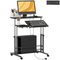 HOMCOM Adjustable Standing Desk with Power Outlets, Stand Up Desk with Tiltable Tabletop, Wheels, Shelf, for Home Office, Black(m-11)