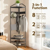 HOMCOM Corner Hall Tree, Industrial 4-Tier Coat Rack with Shoe Storage, 8 Movable Hooks and 2 Shelves for Hallway, Black(m-4)