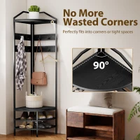HOMCOM Corner Hall Tree, Industrial 4-Tier Coat Rack with Shoe Storage, 8 Movable Hooks and 2 Shelves for Hallway, Black(m-5)
