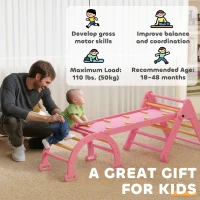 Qaba 7-in-1 Pikler Triangle Set, Foldable Wooden Climbing Toys with Arch, Ramp and Ladder for Toddlers 1-4 Years, Pink(m-9)