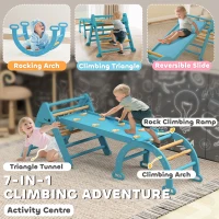 Qaba 7-in-1 Pikler Triangle Set, Foldable Wooden Climbing Toys with Arch, Ramp and Ladder for Toddlers 1-4 Years, Blue(m-4)