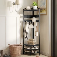HOMCOM Corner Hall Tree, Industrial 4-Tier Coat Rack with Shoe Storage, 8 Movable Hooks and 2 Shelves for Hallway, Black(m-10)