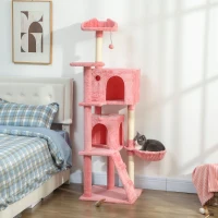 PawHut 63 Inch Cat Tree with Sisal Scratching Posts, Condos, Plush Perches, Hammock, Ladder, Dangling Balls, Pink(m-8)