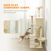 PawHut 63 Inch Cat Tree with Sisal Scratching Posts, Condos, Plush Perches, Hammock, Ladder, Dangling Balls, Beige(m-6)