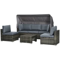 Outsunny Outdoor Daybed with Canopy, 4 Piece Sectional Patio Furniture Set, Cushions, Coffee Table Ottoman, PE Wicker Conversation Sofa Set & Convertible Sunbed, Gray(m-11)