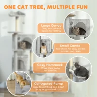PawHut 63 Inch Cat Tree with Sisal Scratching Posts, Condos, Plush Perches, Hammock, Ladder, Dangling Balls, Light Grey(m-4)