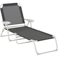 Outsunny Folding Lounge Chair, Portable Outdoor Chaise Lounge, Sun Tanning Chair with 4-Position Reclining Back, Armrests, Metal Frame and Mesh Fabric for Beach, Yard, Patio, Dark Gray(m-1)