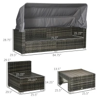 Outsunny Outdoor Daybed with Canopy, 4 Piece Sectional Patio Furniture Set, Cushions, Coffee Table Ottoman, PE Wicker Conversation Sofa Set & Convertible Sunbed, Gray(m-3)