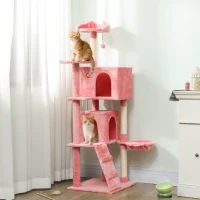 PawHut 63 Inch Cat Tree with Sisal Scratching Posts, Condos, Plush Perches, Hammock, Ladder, Dangling Balls, Pink(m-1)