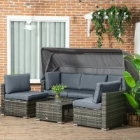 Outsunny Outdoor Daybed with Canopy, 4 Piece Sectional Patio Furniture Set, Cushions, Coffee Table Ottoman, PE Wicker Conversation Sofa Set & Convertible Sunbed, Gray(m-2)