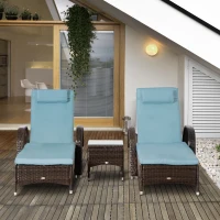 Outsunny 3 Pieces Wicker Patio Lounger Set with Table, PE Rattan Outdoor Lounge Chair Set with Cushions, Wheels, 5-Level Reclining Backrest, Headrest, Brown/Grey(m-8)