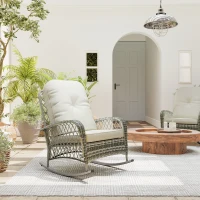 Outsunny Rattan Rocking Chair, Outdoor Wicker Patio Rocker Chair Furniture with Thick Cushions, for Garden Backyard Porch, Khaki(m-10)