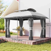 Outsunny 11' x 13' Patio Gazebo, Double Roof Outdoor Gazebo Canopy with Netting & Curtains, Galvanized Metal Frame, Light Grey(m-3)