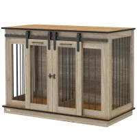 PawHut 47in Dog Crate Furniture with Divider Panel, Wooden Dog Kennel TV Stand for Large Dogs, Pet House Side Table for 2 Small Dogs with Two Rooms Design, 2 Sliding Doors, Oak(m-11)