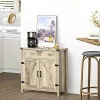 HOMCOM Farmhouse Kitchen Storage Cabinet, Sideboard Buffet Cabinet with 2 Rustic Barn Doors and Drawer, Oak(m-1)