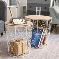 HOMCOM Nesting Coffee Tables Set of 2 with Metal Wire, Storage Basket, Round Side Table End Table for Living Room, Bedroom, White and Natural(m-8)