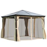 Outsunny 10 x 10 ft Hard Top Gazebo Canopy Heavy Duty Shelter Sun Shade w/ Curtain Beige, Coffee(m-11)