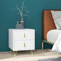 HOMCOM Bedside Table, Modern Nightstand with 2 Drawers, Side End Table with Metal Legs for Living Room, Bedroom, White(m-8)