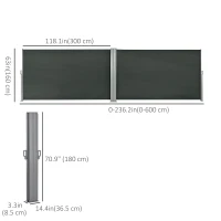 Outsunny 236" x 71" Outdoor Privacy Wall, Double Retractable Side Awning, Patio Screen for Garden, Balcony, Grey(m-3)