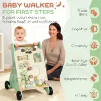 Qaba Wooden Baby Walker, Push Along Walker Toys with Speed Control, Xylophone, gears and Bead Maze, Green(m-4)
