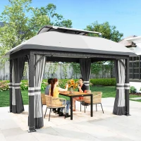 Outsunny 11' x 13' Patio Gazebo, Double Roof Outdoor Gazebo Canopy with Netting & Curtains, Galvanized Metal Frame, Light Grey(m-1)