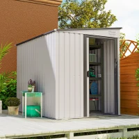 Outsunny 5x7 Garden Shed, Lean-to Metal Storage with Foundation, Sliding Door & 2 Vents for Garden Tools, White(m-1)