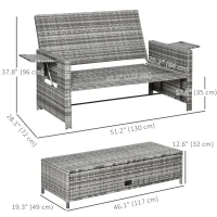 Outsunny 2 Piece Rattan Outdoor Daybed, 2 Seater Sofa Set with Footstool, Storage, Cushions and Pillows for Garden, Patio, Grey(m-3)